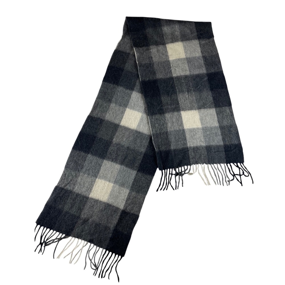 100% Cashmere Scarf Grey Cream Buffalo Plaid Check Fringe Winter Wrap